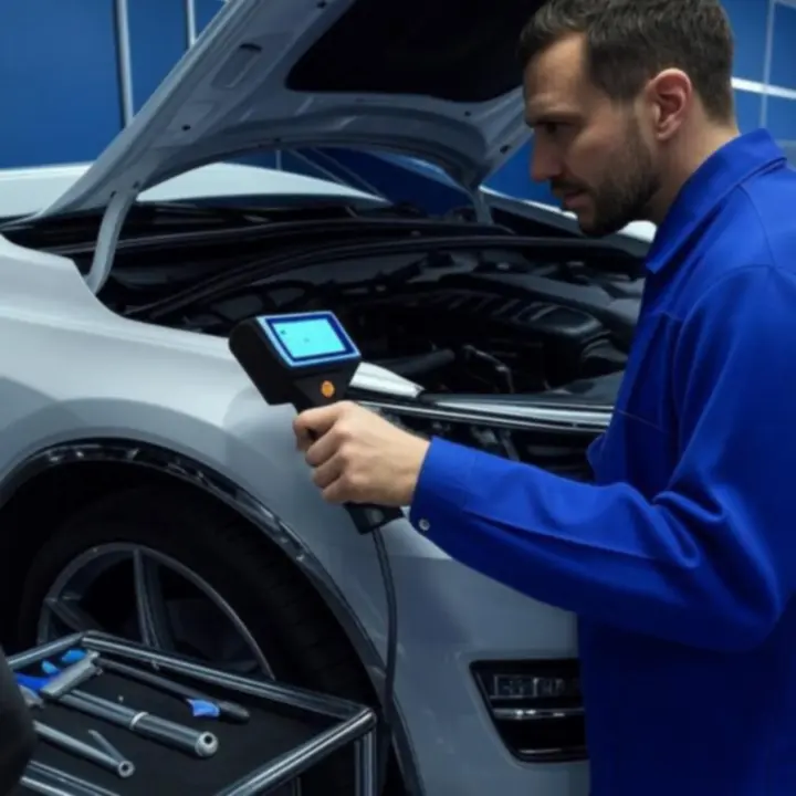 Technik skanujący samochód przy użyciu zaawansowanego sprzętu diagnostycznego